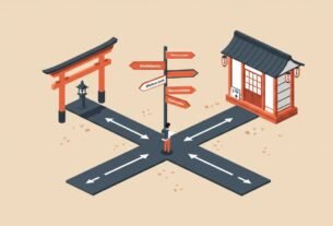 Illustration of a person standing at a crossroads with signboards, representing the concept of Soutaipasu (relative path) in a Japanese-style setting.