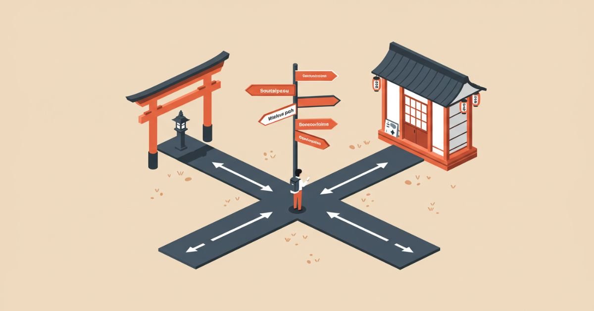 Illustration of a person standing at a crossroads with signboards, representing the concept of Soutaipasu (relative path) in a Japanese-style setting.